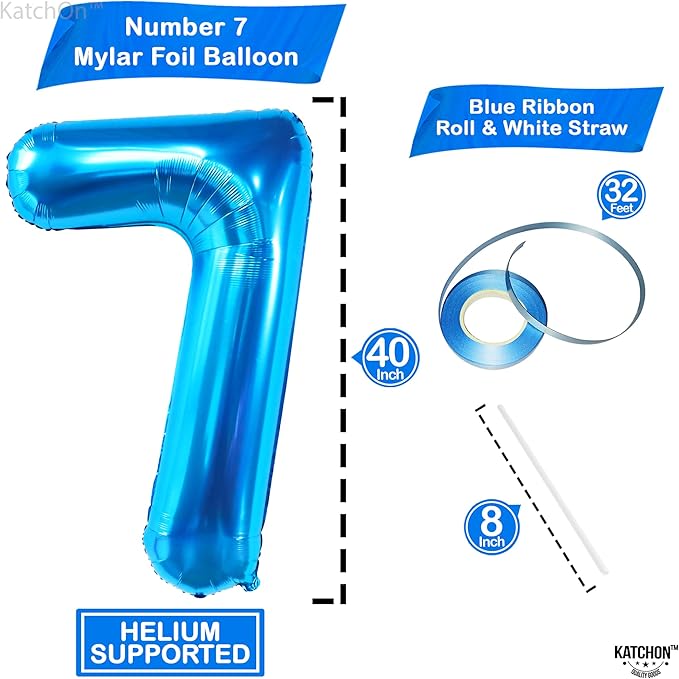KatchOn Giant Blue Number 7 Balloon - 40 Inch | 7th Birthday Balloon for 7th Birthday Decorations