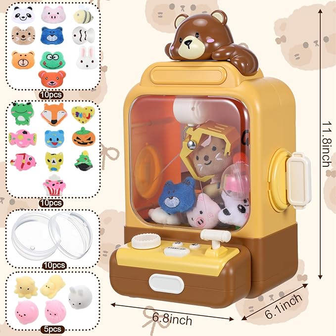 Cartoon Claw Machines for Kids 36 Prizes Age 6+ Mini Vending Machines with Music for Kid with Plush Toy Christmas Birthday Thanksgiving Girls Boys Gifts(Bear)
