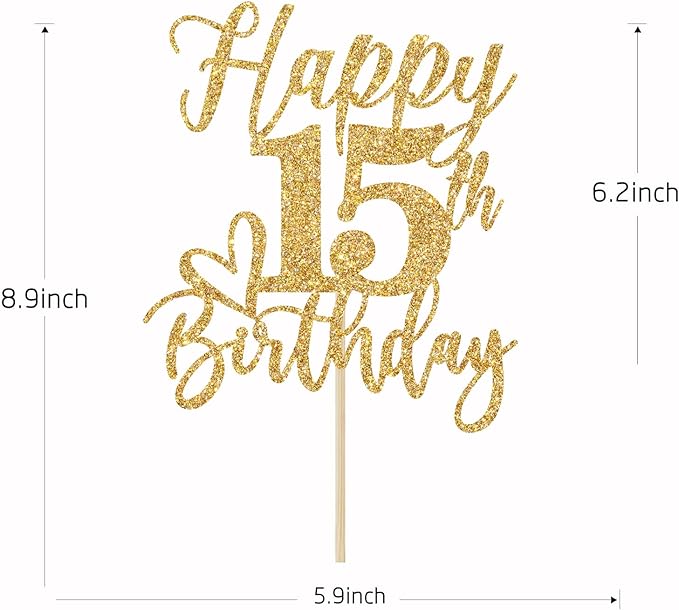 Happy 15th Birthday Cake Topper, 15th Birthday Decorations, Cheers to 15 Years, Hello 15, 15th Happy Birthday Party Decorations Supplies Gold Glitter