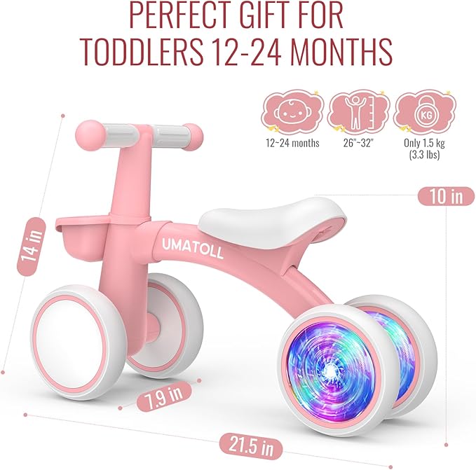 Umatoll Colorful Lighting Baby Balance Bike Toys for 1 Year Old Girl Gifts, Adjustable Seat, First Birthday Gifts, 12-24 Months Toddler Bike, Pink