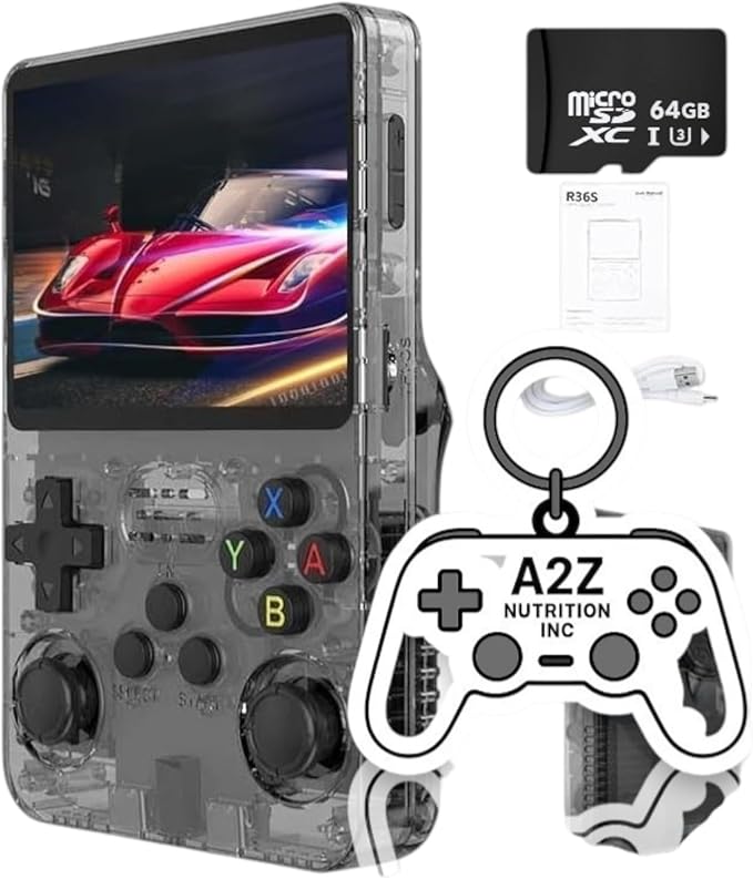 Custom Bundle R36S Retro Handheld Game Console – 64GB, 15K+ Games, 3.5" IPS Screen, 1GB RAM | Portable Emulator for 8–64 Bit Classics (Black Transparent + Free Keychain)