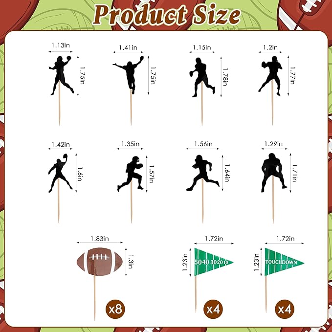 Football Cupcake Toppers, 24 PCS Foot Ball Touchdown Players Cupcake Toppers, Food Picks Toppers Cake Decorations for Football Party Decorations 2026 Sports Themed party Supplies