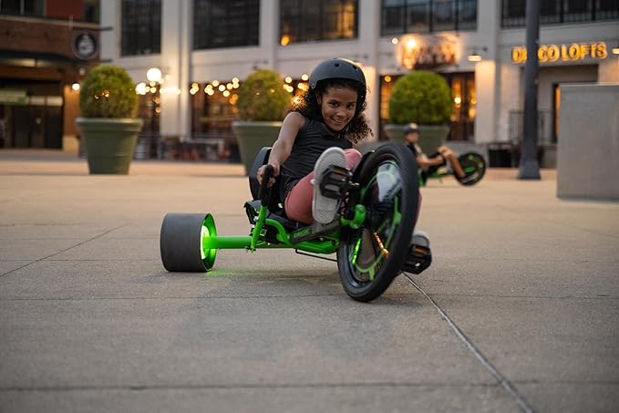 Huffy Green Machine 20 Inch Drift Trike, Sleek Ergonomic Design, Adjustable Seat, Durable Steel Frame, Easy to Operate, Drift Trike for Kids Ages 8+, LED Light Accents, Coaster Brake, Green and Black