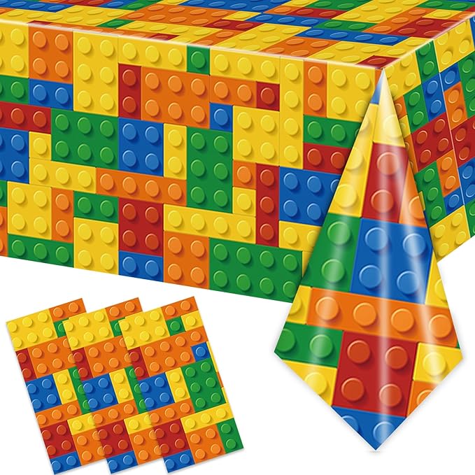 3PCS Building Block Party Tablecloths for Boys Kids Colorful Building Table Cover Blocks Themed Birthday Party Supplies Baby Shower Decorations Party Table Cloth