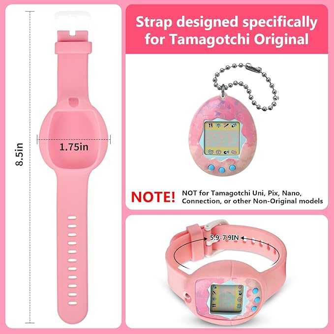 Soft Silicone Wristband for Tamagotchi Original, for Gen 1/2, Neon, Retro Flowers, 90s, Fresh Strawberry, Adjustable Anti-Drop Strap for Kids, Teens, Adults, Parents & 90s Nostalgia Lovers (Pink)