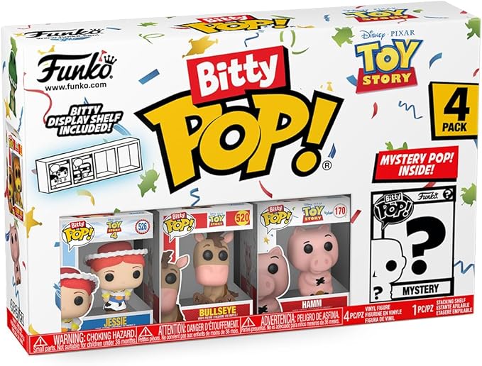 Funko Bitty Pop Toy Story - Jessie 4PK - Jessie, Bullseye, Hamm and A Surprise Mystery Mini Figure - 0.9 Inch (2.2 Cm) Collectable - Stackable Display Shelf Included - Gift Idea - Cake Topper