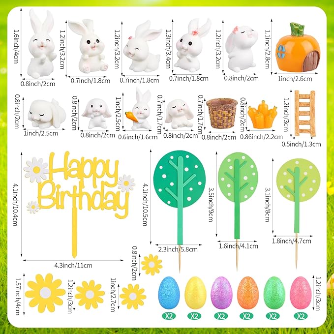Hooqict 29Pcs Easter Cake Decorations Set with Mini Rabbits, Easter Eggs, Carrots, Happy Birthday Bunny Cake Topper & Cupcake Topper for Kids Bunny Birthday Decorations Rabbit Themed Party Supplies