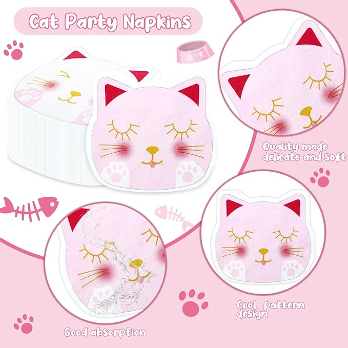 100Pcs Cat Napkins, 10.2 x 11.4 Inches Cute Kitty Party Napkin, Pink White Paw Print Paper Napkins, Cat Birthday Decorations Kitten Napkin for Kids Pet Kitty Birthday Party Supplies