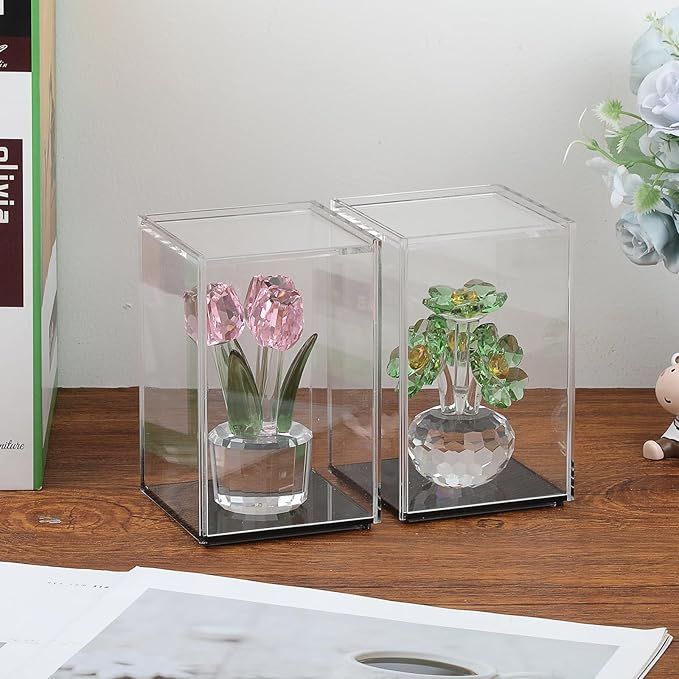 JUXYES Pack of 2 Clear Acrylic Display Case with Sliding Door for Mini Action Figures, Stackable Display Case Cube Small Showcase Free Standing Collectibles Protection Box, Black Bottom