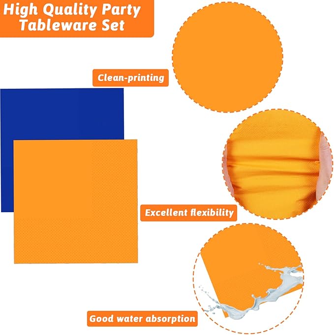 Wiooffen 96 Pcs Orange and Blue Birthday Party Plates Napkins Dart War Party Supplies Tableware Disposable Orange Blue Paper Dinnerware Decoration for Baby Shower Birthday Party, 24 Guests