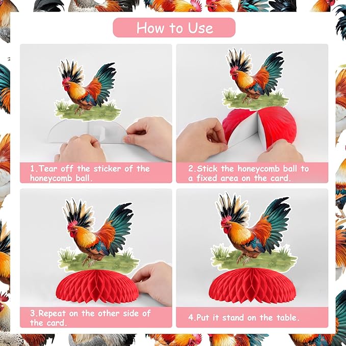 JOYMEMO Rooster Birthday Party Decorations for Boys Girls, Rooster Happy Birthday Banner, Chicken Hanging Swirls, Honeycomb Centerpieces, Farm Animal Chick Barnyard Theme Party Supplies