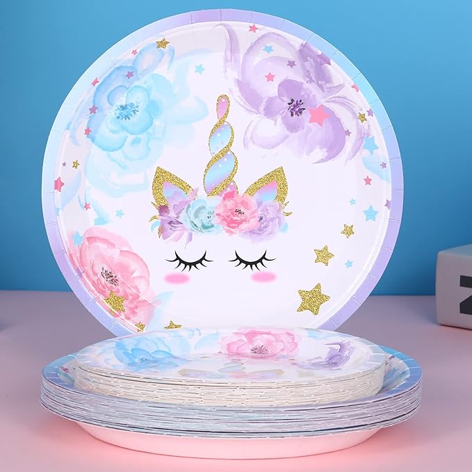 Unicorn Party Supplies Rainbow Unicorn Plates and Napkin Sets for Baby Shower First Girls Birthday Party Decorations Afternoon Tea Pool Garden Party，Serves 24