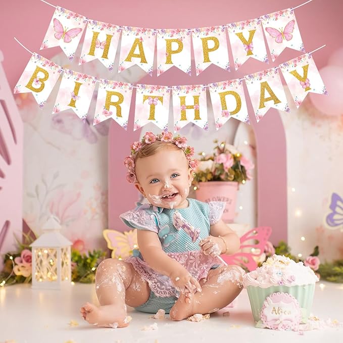 Butterfly Decorations for Girls, Pink Butterfly Themed Birthday Decorations Party Supplies with Balloon Arch Kit Backdrop Banner Foil Balloons Wall Decor, Princess Baby Shower Bday Party