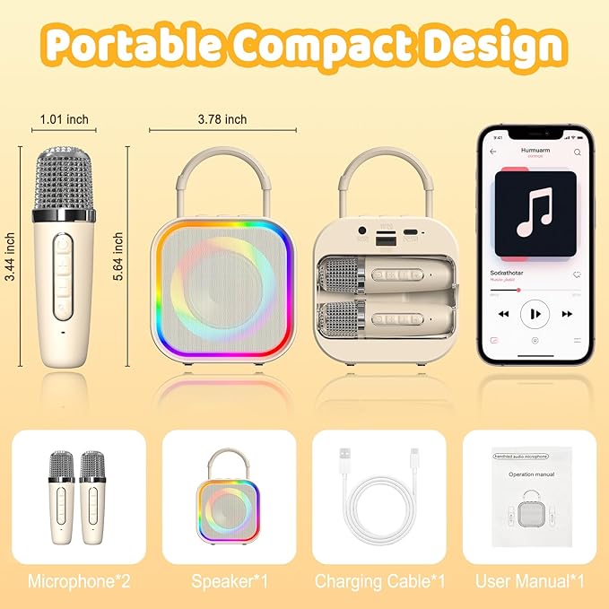 Karaoke Machine,Mini Karaoke Machine with 2 Wireless Mics (Built-in Storage),Portable Bluetooth Speaker, Fun Voice Effects/Dynamic LED Lights -Christmas Birthday Gifts for Girls Ages 4-12 -Beige