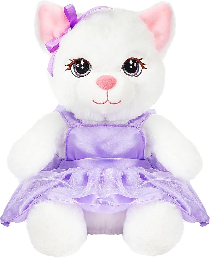 Cuteoy White Cat Stuffed Animal in Purple Dress Soft Plush Kitty Toy Cute Plushies for Girls Boys Birthday