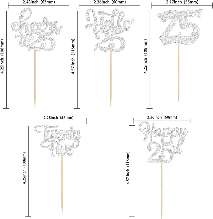 30Pcs 25th Birthday Cupcake Toppers Twenty Five Legal 25th Cupcake Picks Cheers to 25 Years Old Cake Decorations for 25th Anniversary Party Supplies Silver Glitter
