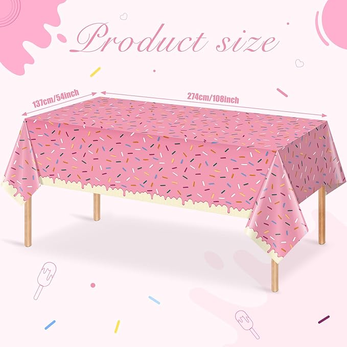 6Pcs Sprinkle Donut Tablecloth, Pink Ice Cream Table Cloth Disposable Plastic Rectangle Table Covers for Baby Girl Sweet One Birthday Donut Grow Up Donut Themed Party Decorations, 54 X 108 Inch