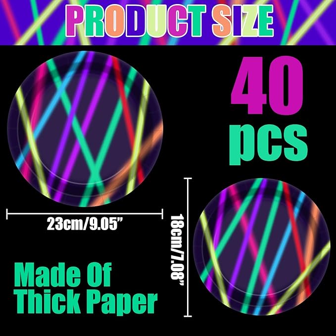 Neon Paper Plates - Glow in the Dark Party Supplies Include 7'' 9'' Printed with Light Beam Plates for Let's Glow Party Decorations, Serves 20