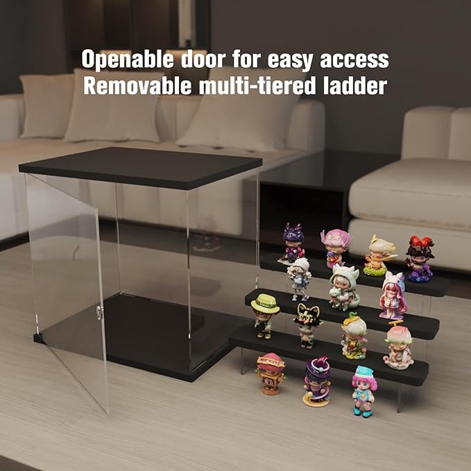 Nynelly Acrylic Lighted Display Case for Collectibles, 4 Tier Figure Display Box with Door and Steps, Assemble Dustproof LED Showcase Storage Box for Mini Figures, Funko Pop, Toys, Black