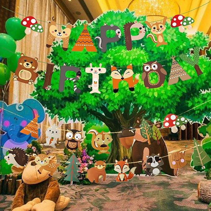 Woodland Party Decorations Woodland Happy Birthday Banner with Forest Animal Bunting Garland for Kids Boys Girls Woodland Birthday Party Supplies