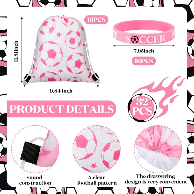 32 Pcs Pink Soccer Party Favors Set 16 Drawstring Goodie Bags 16 Silicone Wristband Snack Treat Candy Bags Motivational Bracelets Pink Sports Birthday Party Supplies Decorations for Women