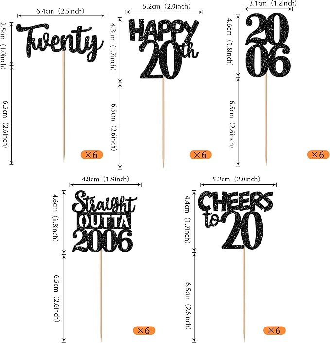 30PCS Black 20th Birthday Cupcake Toppers Glitter Twenty Happy 20th Straight Outta 2006 Cupcake Picks for Cheers to 20 Years Birthday Wedding Anniversary Party Cake Decorations Supplies