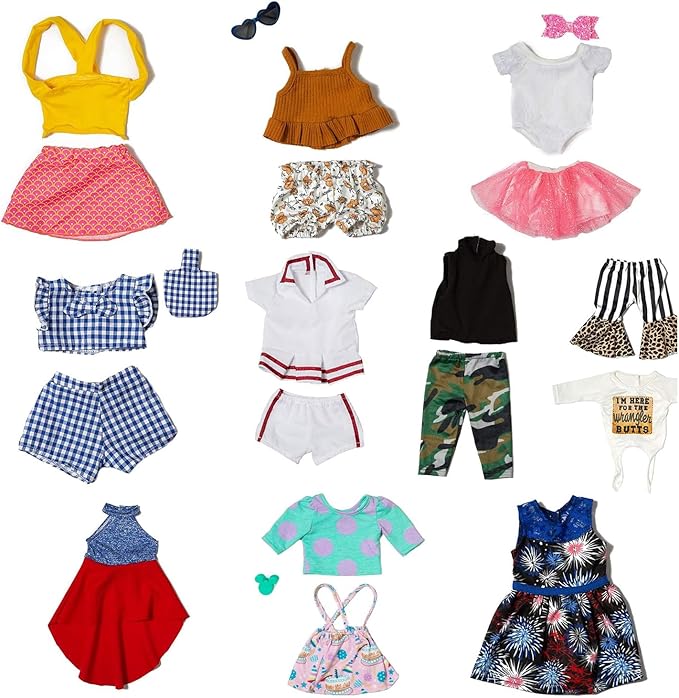 22 Pcs American 18 inch Doll Clothes Gifts and Accessories, Fit 18 inch Doll - Including 10 Sets of Various Styles Doll Clothes, Hair Clips and Sunglasses Handbags