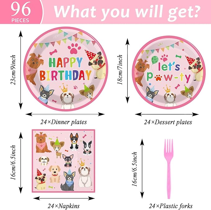 96 Pieces Dog Themed Birthday Party Decorations Puppy Party Tableware for Lets Pawty Party Dessert Plates Napkins Forks Birthday Favors 24 Guests