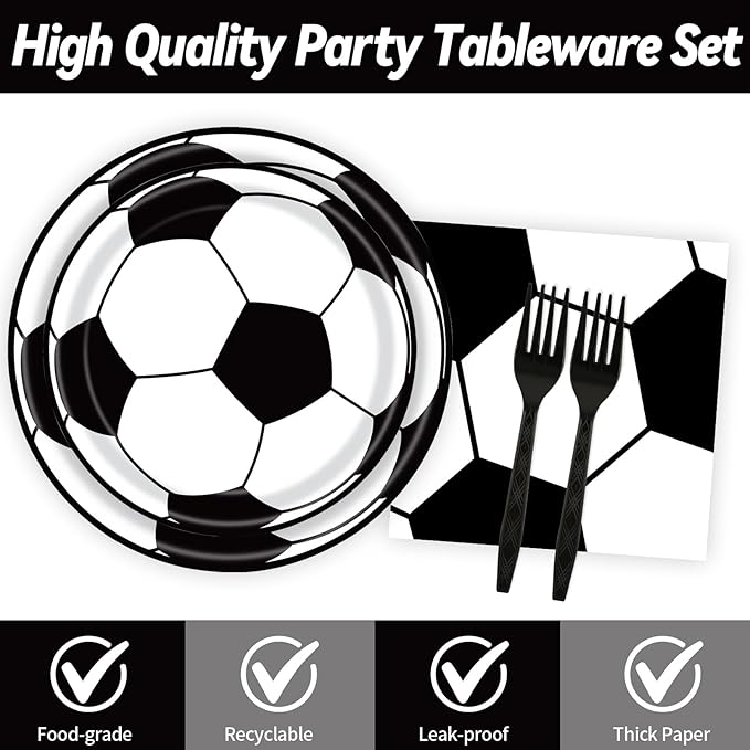 96 Pcs Soccer Plates and Napkins Party Supplies, Soccer Birthday Paper Plates Napkins and Forks Disposable Tableware Set for Sports Theme Party Decorations Serves 24 (Soccer)