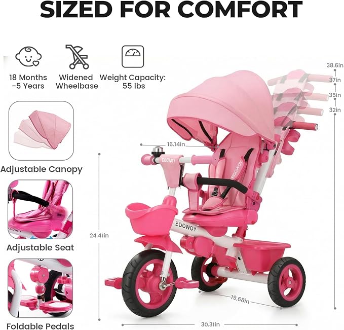 Toddler Tricycle with Push Handle, 7 in 1 Stroller Trike with 360° Swivel Seat, Reclining Backrest, All-Terrain Wheels, Dual Brakes, Canopy & Storage, Gift for Kids 18 Months to 5 Years, Pink