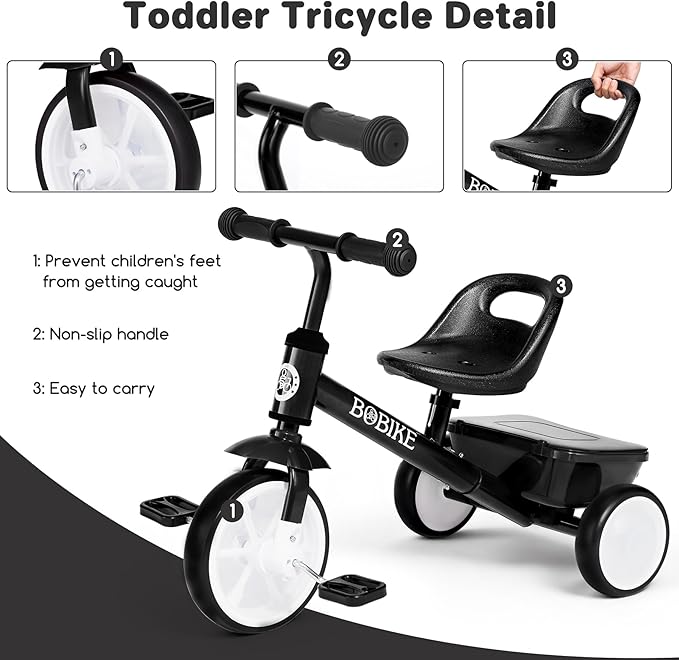 Bobike Toddler Tricycle for Ages 2-5 Years, Tricycle with 2 LED Light Wheels, Toddler Bike with 3-Position Seat and Rear Basket, Kids Bike Gift for Boys & Girl (Black)