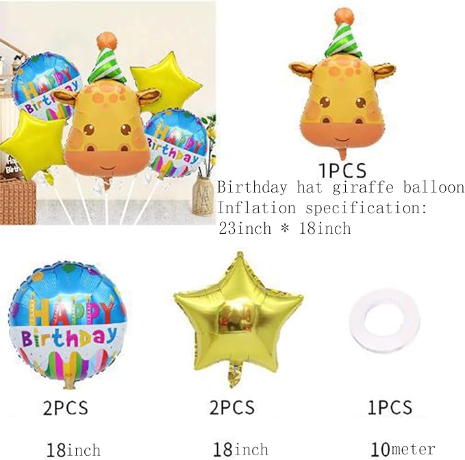 3D Giraffe Foil Animal Balloons Set,Kids Happy Birthday Party Decoration, Circle Star-Shaped Balloon,Jungle Themed Woodland Safari Animal Balloons 5Pcs