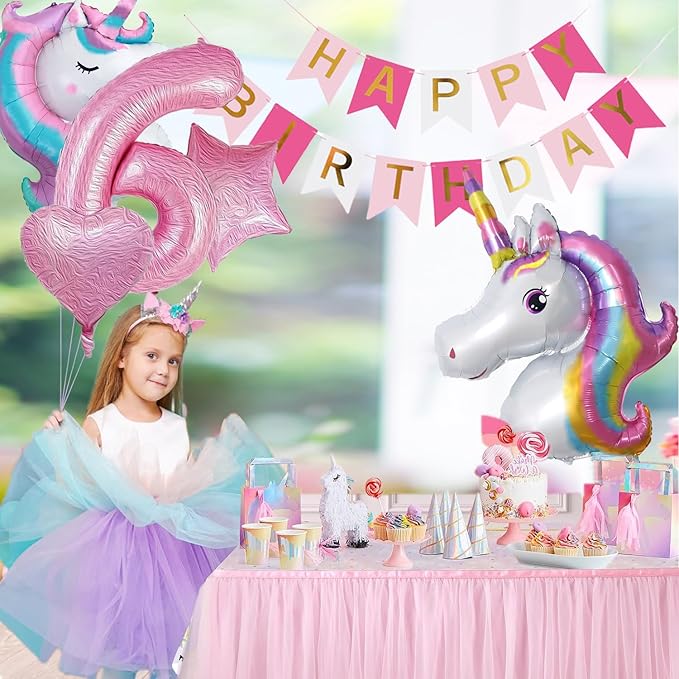 Yancan 6th Unicorn Birthday Decorations for Girls, 6 year old Girl Party Supplies with Happy Birthday Banner, Unicorn Balloons