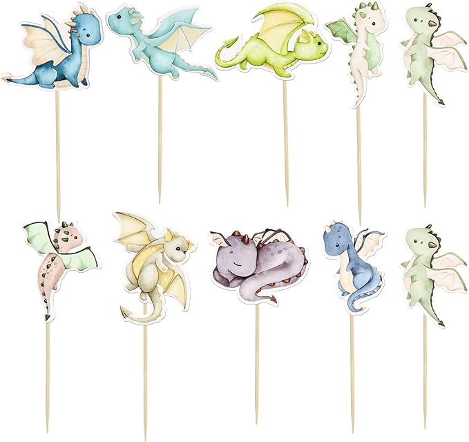 Ephlyn 36Pcs Dragon Party Cupcake Toppers Dragon Birthday Party Decoration Fantasy Dragon Cake Decorations for Flying Dragon Baby Shower Supplies