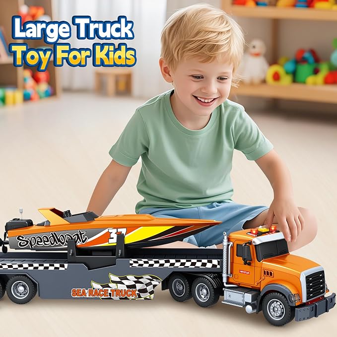 Toddler Boy Toys for 3 4 5 6 7 Years Kids, 21" Semi Flatbed Truck Toy with a Sea Race Truck, Friction Powered Vehicles Toys with Lights and Sounds, Birthday for Boy Girls