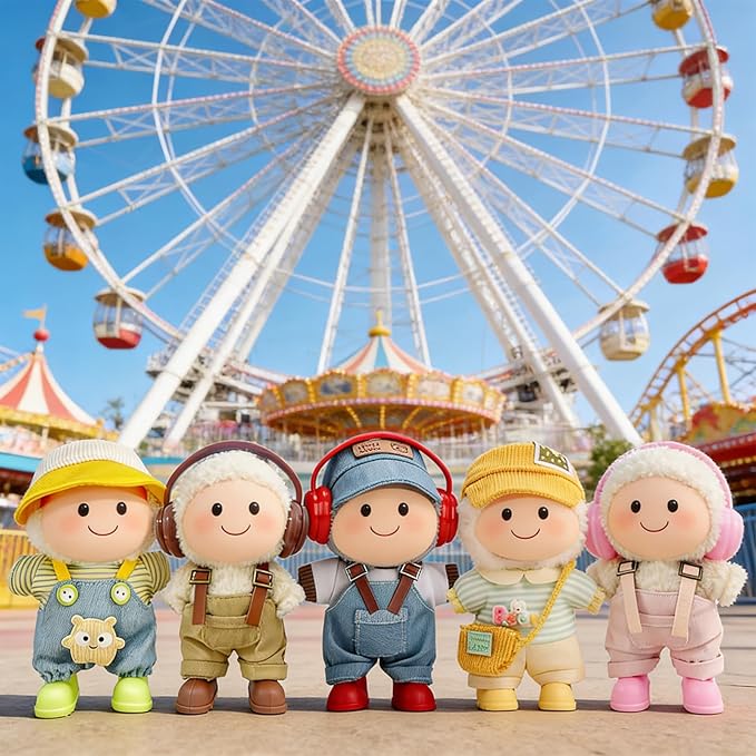 17cm Doll Clothes Overalls Outfit Set, Include 5 Styles with Hats, Headphones, Shoes and Bag, Cute Dress Up Accessories for Doll Play and Display, (No Dolls)