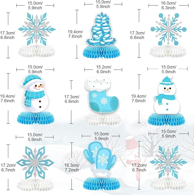 9Pcs Winter Wonderland Decorations 3D Snowflake Honeycomb Table Centerpieces for Frozen Winter Blue White Theme Christmas Baby Shower Birthday Party Supplies (Snowman Blue)