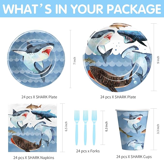 Shark Birthday Plates And Napkins Party Supplies - Ocean Under The Sea Shark Birthday Decorations Tableware, Paper Plate, Cup, Napkin, Disposable Fork, Serves 24