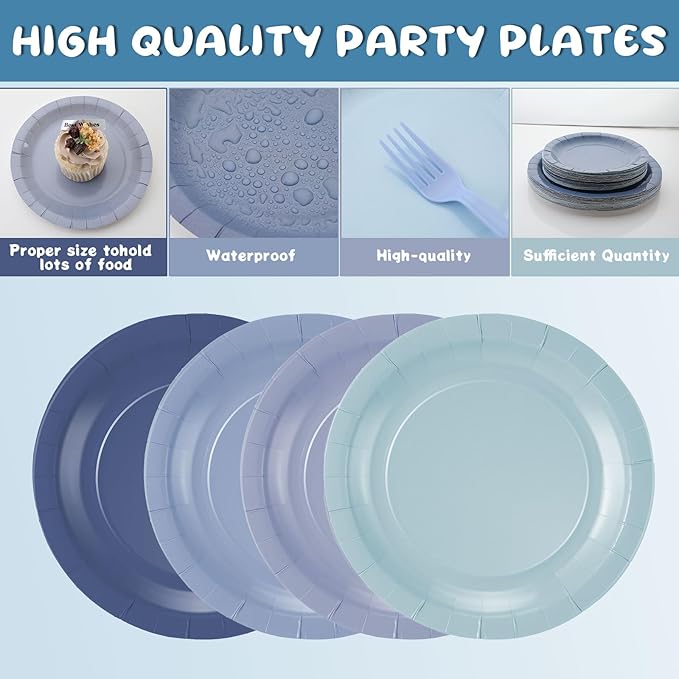 96 Pcs Dusty Blue Gradient Tableware Sets for 24 Guests Include 9 '' and 7'' Paper Party Plates Disposable Cocktail Napkins Plastic Forks Dinnerware for Birthday Wedding Tea Party Baby Shower