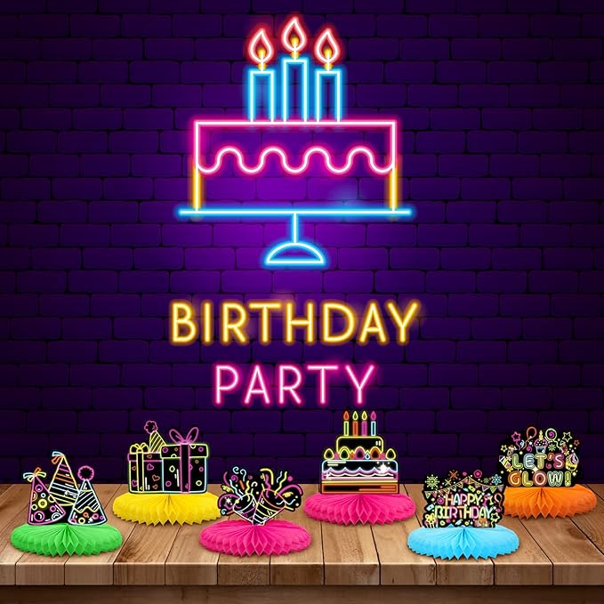 Chinco 6 Pcs Glow Party Birthday Centerpieces Neon Birthday Decorations Honeycomb Centerpieces for Tables Neon Party Supplies(Classic)