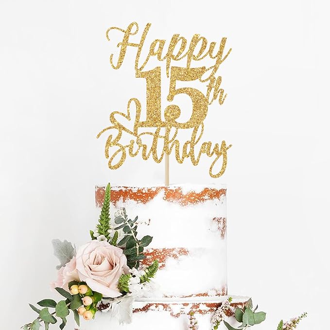 Happy 15th Birthday Cake Topper, 15th Birthday Decorations, Cheers to 15 Years, Hello 15, 15th Happy Birthday Party Decorations Supplies Gold Glitter