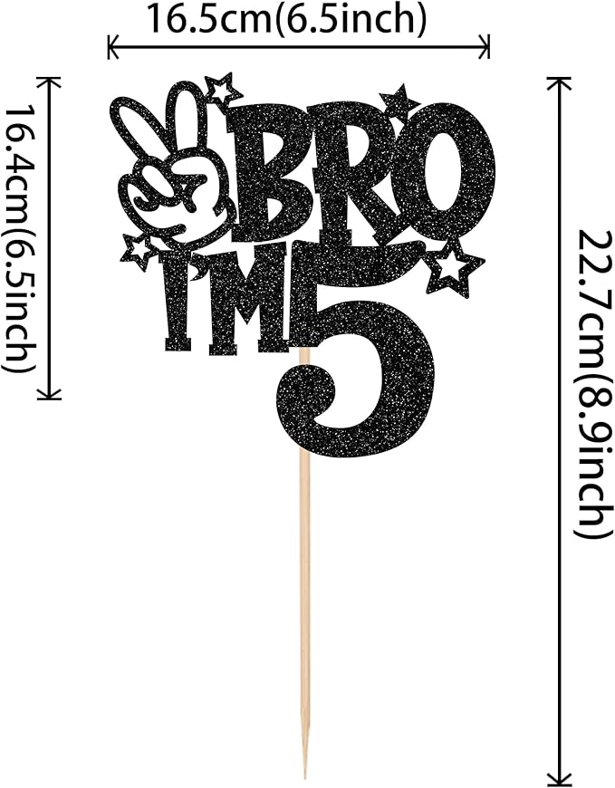 1 PCS Brother I'm 5 Cake Topper Glitter Star Happy 5th Birthday Cake Pick Bro I'm 5 Cake Decoration It's My 5th Birthday Decorations for Boys Cheers to 5 Years Old Birthday Party Supplies Black
