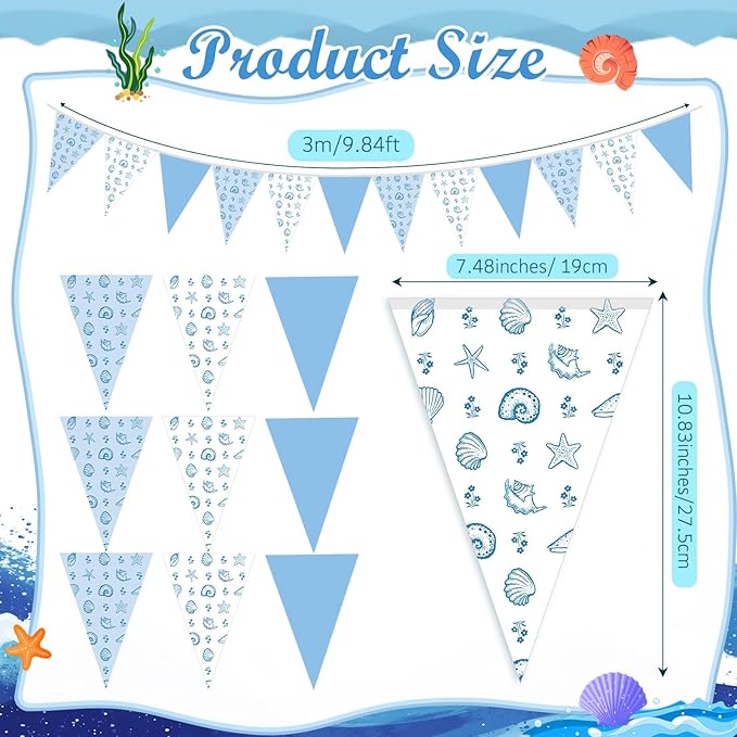 Jetec 5 Pcs 49 Ft Coastal Paper Pennant Banner Garland Nautical Blue and White Bunting Flags Coastal Bachelorette Decorations for Beach Wedding, Baby Shower, Summer Birthday, Indoor Outdoor Decor