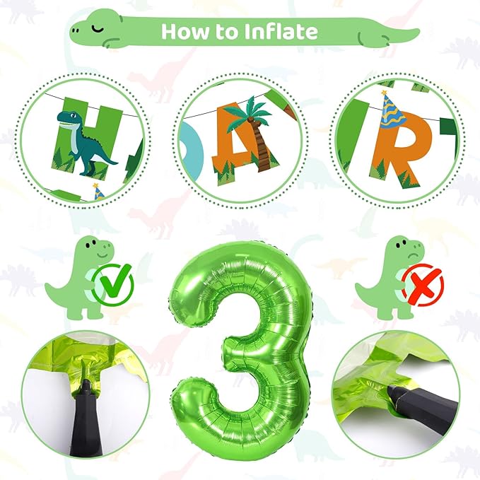 Amandir Dinosaur 3rd Birthday Party Decorations for Boys Girl, Foil Green Star Number 3 Dinosaur Balloons with Happy Birthday Banner Hanging Swirls for Three Rex Dino Baby Shower Kids Party Supplies