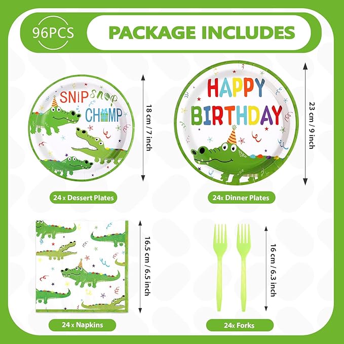 96Pcs Crocodile Birthday Party Supplies Reptile Crocodile Plates and Napkins Green Alligator Animal Theme Tableware Set for Kids Boys Jungle Safari Swamp Birthday Party Supplies，Serves 24