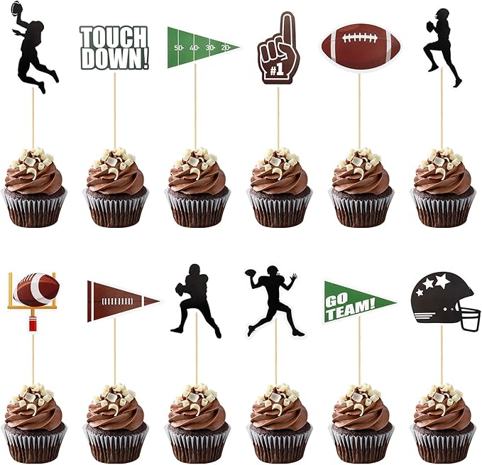 Football Cupcake Toppers Party Decorations, 24 PCS Foot Ball Touchdown Players Cupcake Toppers, Food Picks Toppers Cake Decoration for Football Party Decorations 2026 Sports Themed Party Supplies