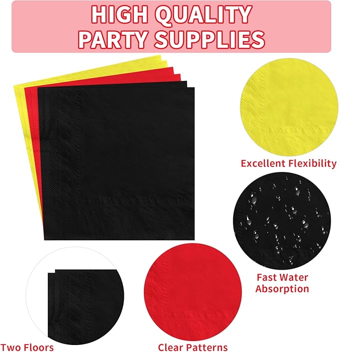 96Pcs Mouse Color Birthday Party Decorations Red Black Yellow Dessert Paper Plates and Napkins Set Cartoon Themed Mouse Decor for Kids Boys Girls 1st Birthday Baby Shower Party Supplies Serves 24