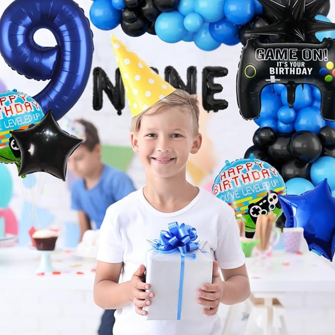 12pcs Video Game Themed Party Decorations, Number 9th Boys Birthday Party Supplies, Navy Blue Video Game Controller Mylar Foil Balloon, Video Game star Party Decoration Supplies