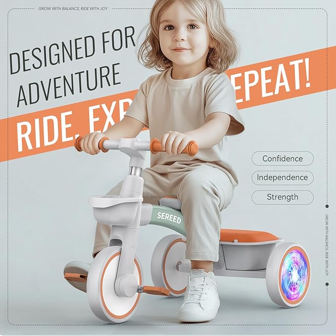 SEREED Colorful Lighting Toddler Tricycle for 2-5 Years Old Boys Girls, Adjustable Seat&Handlebar Trike, Removable Basket, Birthday Gift Idea for Kids Ages 2+ (Green)
