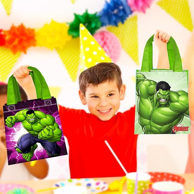 Hulk Party Favor Bags Set – 24 Pack 8" Marvel Goodie Bags for Kids Bulk Reusable Mini Totes | Avengers Incredible Hulk Birthday Party Supplies